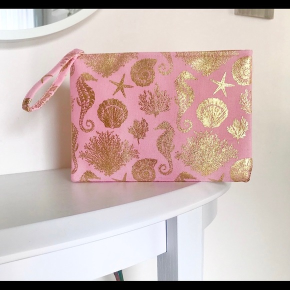 Pink and Gold Metallic Foil Print Sea Life Wristlet Clutch Zip Bag - Picture 3 of 12